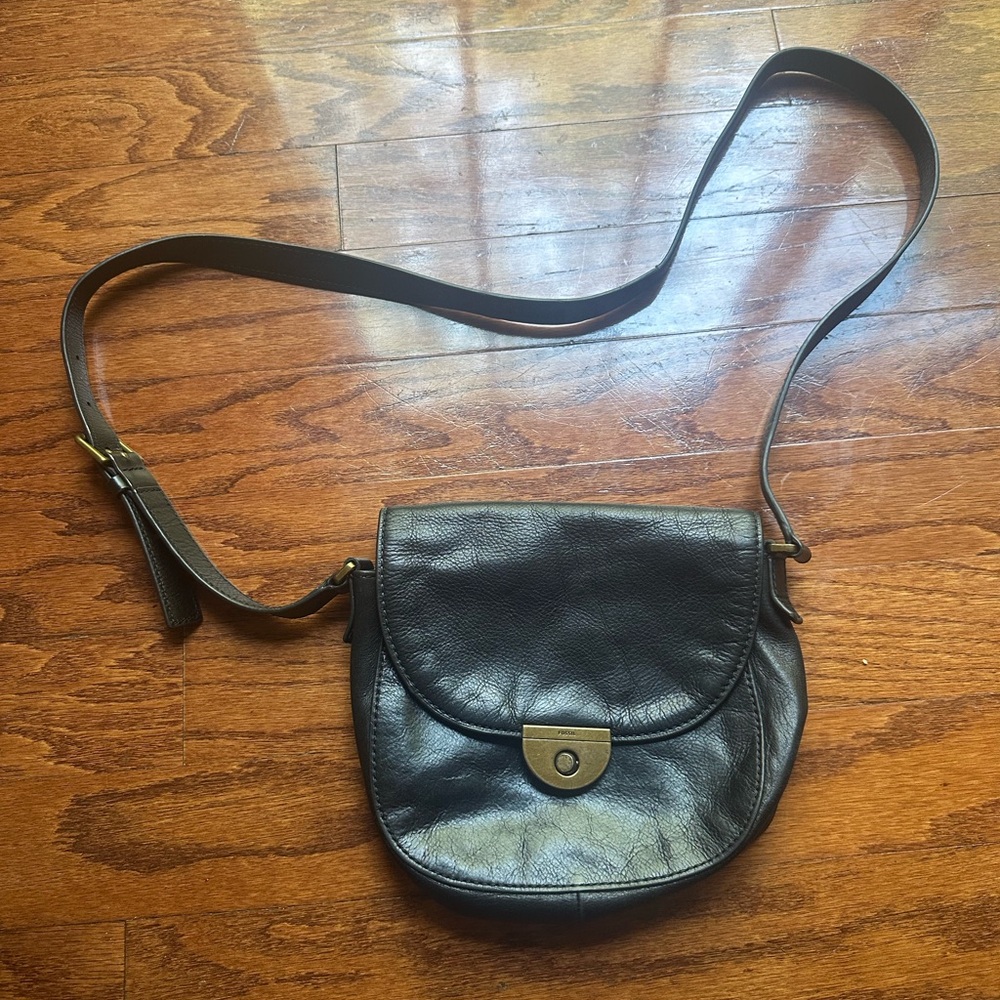 Fossil Black Leather Crossbody with Brass Closure